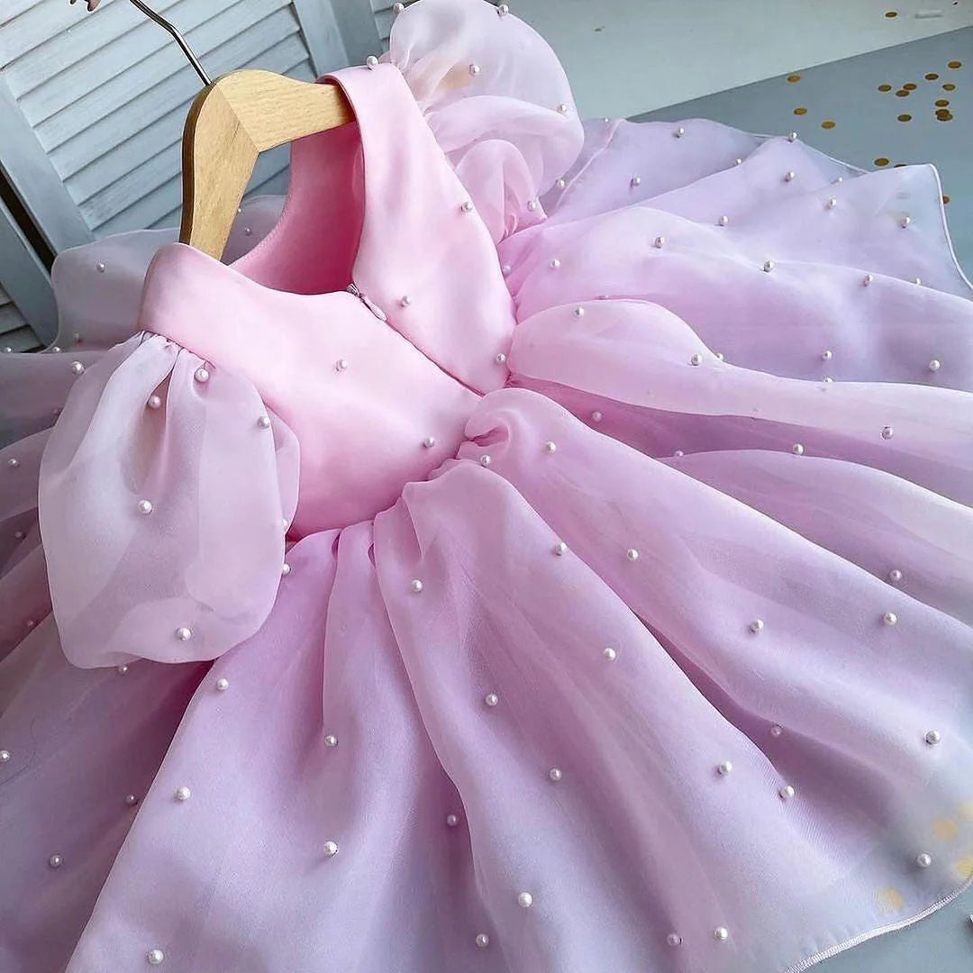 Classy Baby Pink Organza With Pearl Baby Dress