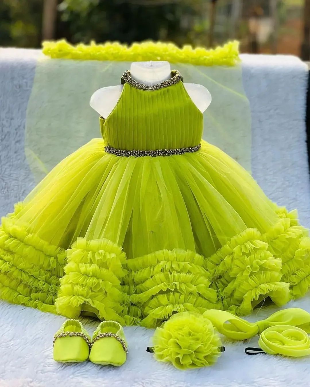 Classy Fluorescent Parrot Green Colour Baby Dress