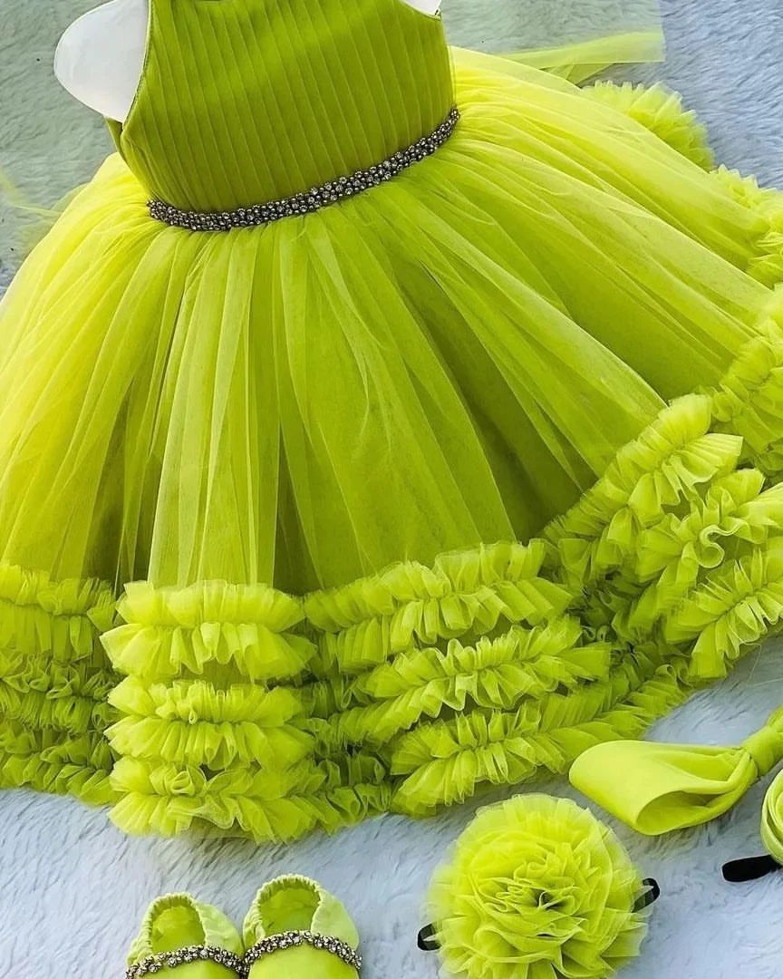 Classy Fluorescent Parrot Green Colour Baby Dress