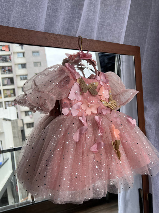 Flower Peach Color Dress With Butterfly