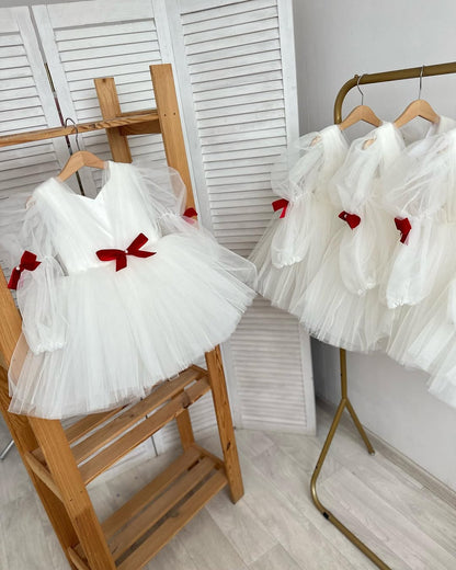 Elegance White Colour With Red Ribbon Baby Dress