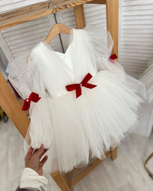Elegance White Colour With Red Ribbon Baby Dress