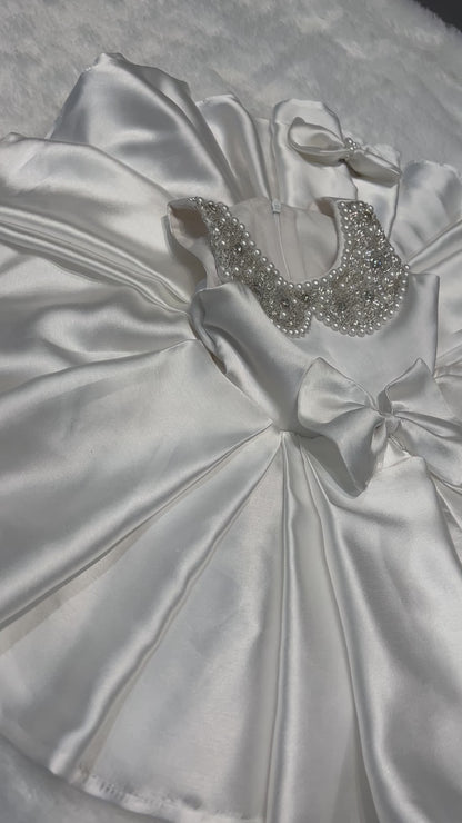 Classy White Satin Dress With Handwork